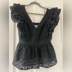 J. Crew Black Eyelet Ruffle V-Neck Peplum Blouse